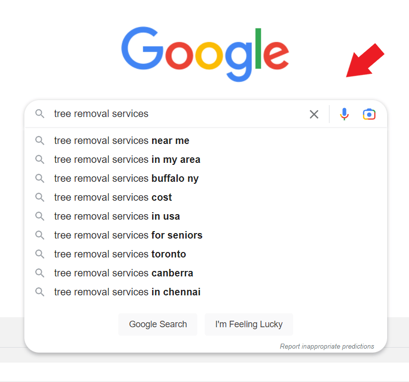 Autocomplete suggestions for the keyword "tree removal services."
