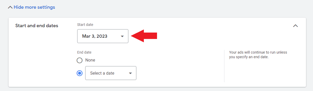 Set the start and end date of tree removal ad campaign