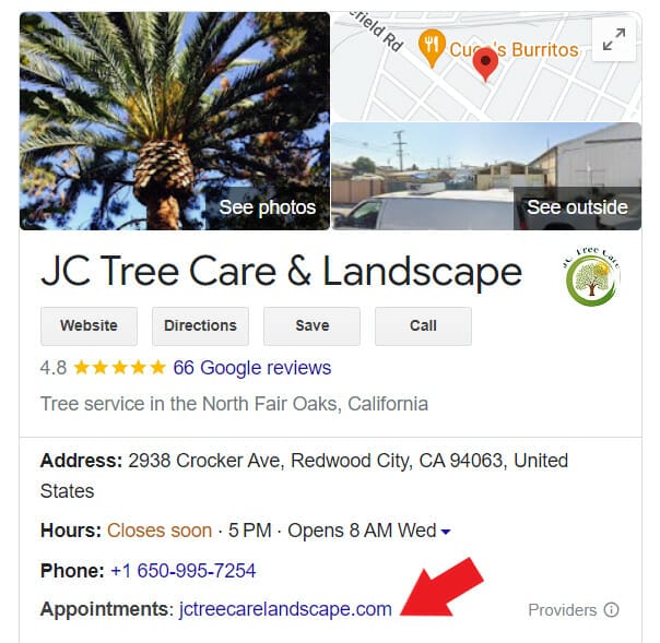 Tree removal company using the appointment feature on Google My Business