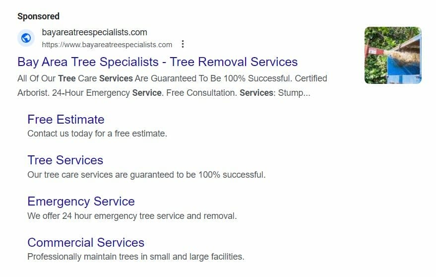 Tree service ad on Google Search Results