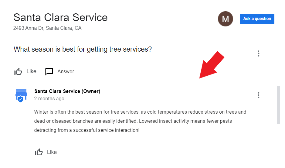 Tree removal business owner responding to a question raised by a potential customer 