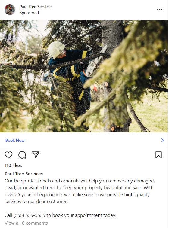 Tree removal company ad on Instagram