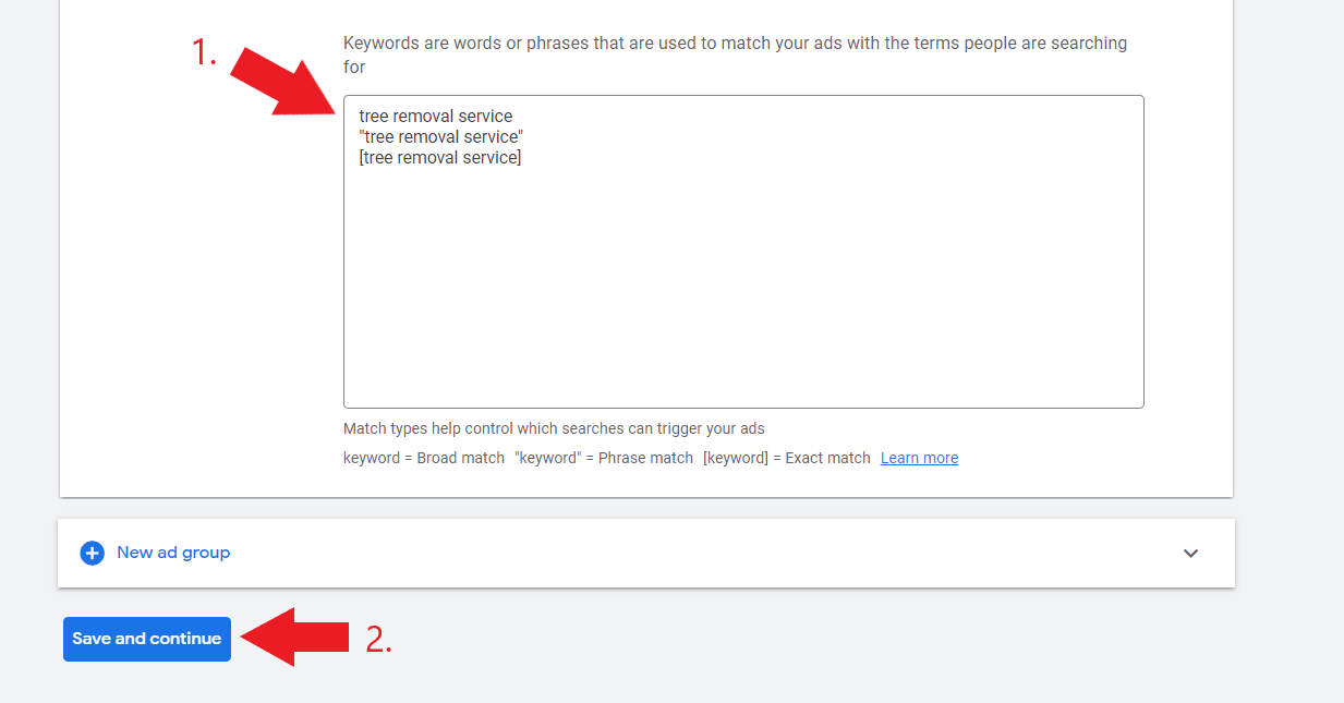 Keyword list for tree removal ad campaign