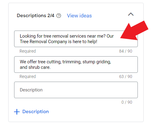 Google Ads for tree removal ad description