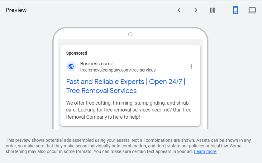 Mobile preview of tree removal ad