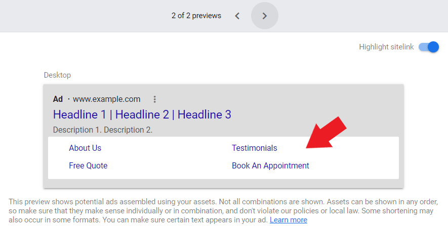 Sitelink extension for tree removal ad