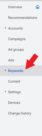 Google Ads dashboard cursor hovered at Keywords