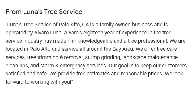 Business description of a tree service company