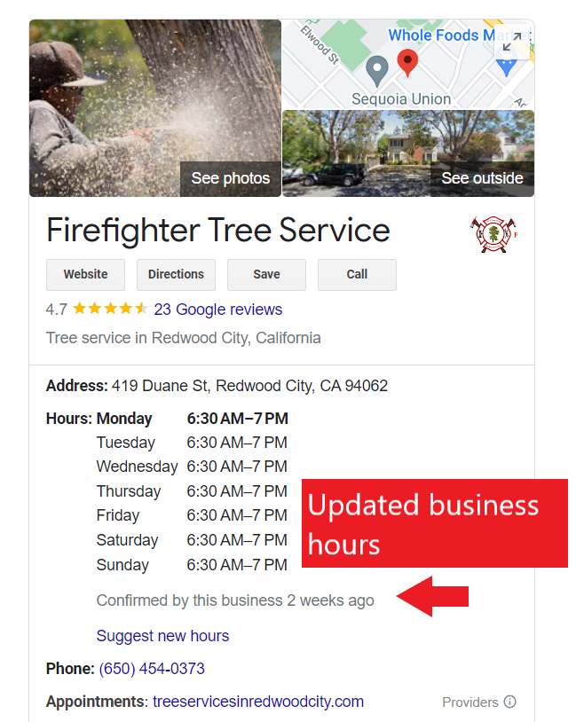 Updated tree removal business hours