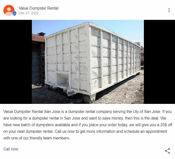 Google My Business post about $25 dollar off when booking for next dumpster rental