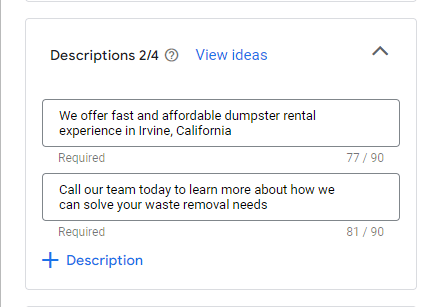 Dumpster rental ad descriptions