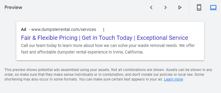 Dumpster rental ad desktop preview