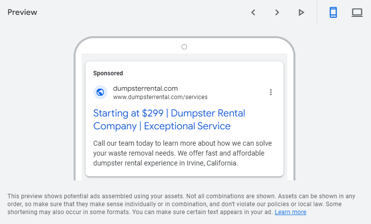 Dumpster rental ad in mobile preview