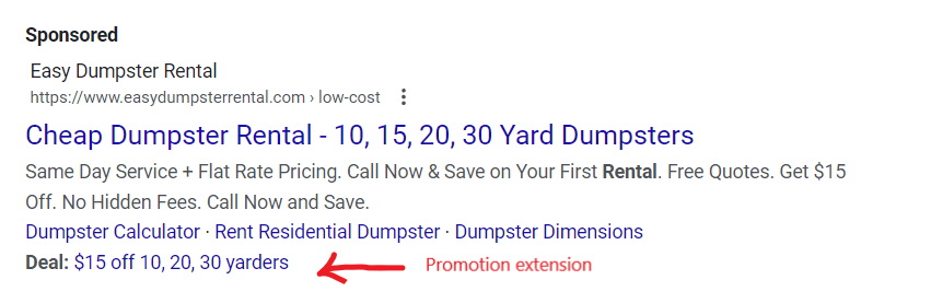Dumpster rental ad with promotion extension