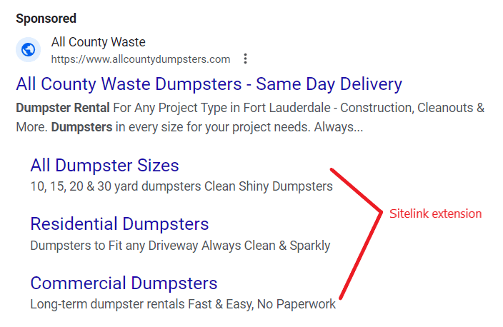 Dumpster rental ad with sitelink extension