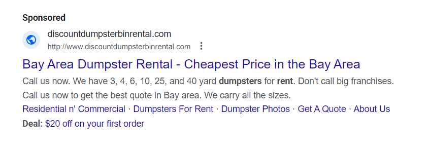Dumpster rental ad from the Search Results Page 