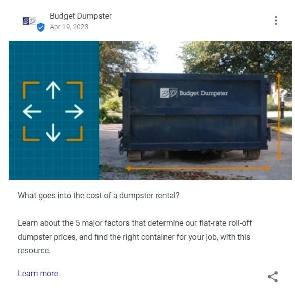 Google My Business Post about what flat-rate dumpster prices