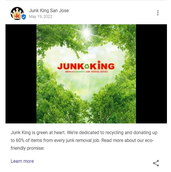 Google My Business post about the advocacy of a dumpster rental company