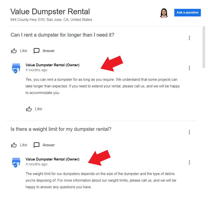 Dumpster rental business owner responding to questions raised by potential customers