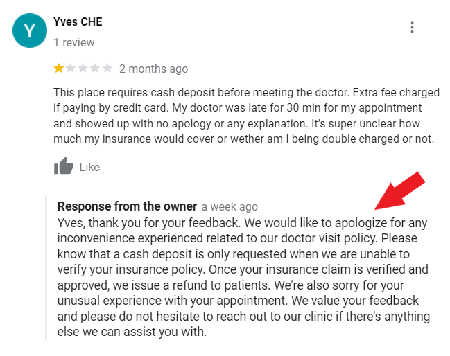 Podiatry clinic owner responding to a negative review on Google My Business