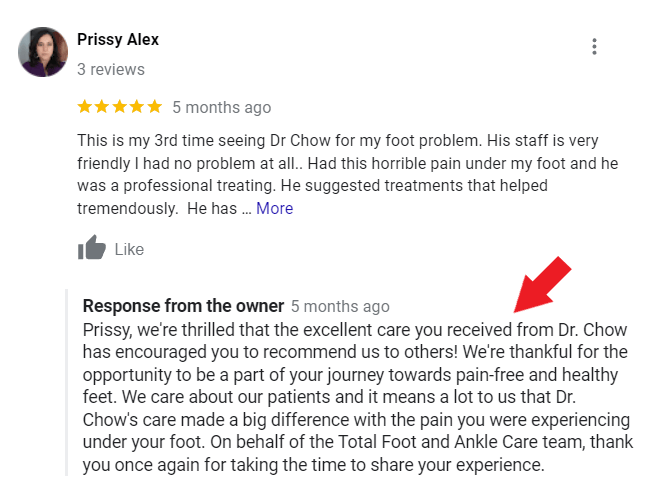 Podiatry clinic owner responding to a positive review on Google My Business