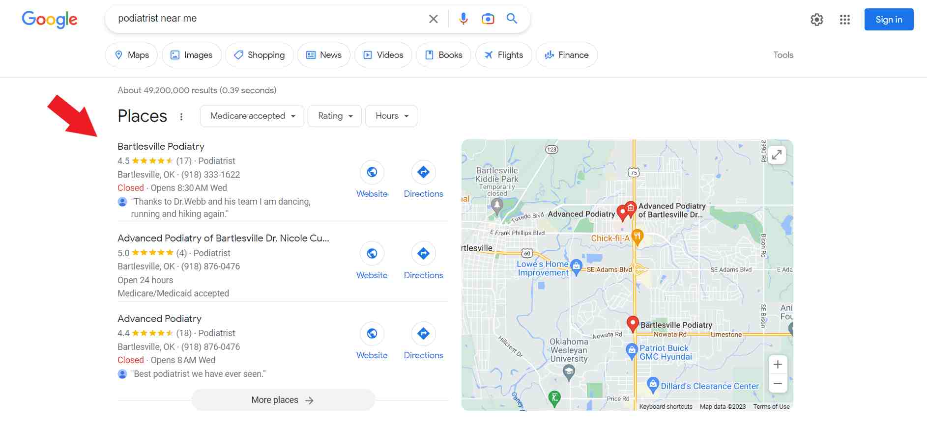 Google Search Results Page for podiatrists near me