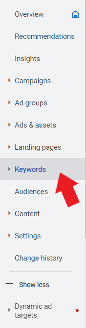 Hover to Google Ads keyword section