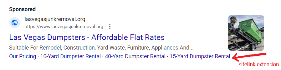 Dumpster rental ad with sitelink extension