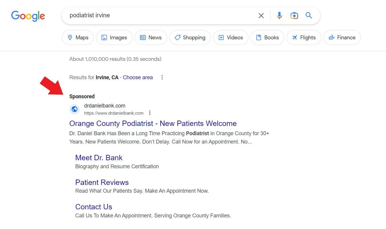 Podiatry clinic ad from Google's Search Results Page