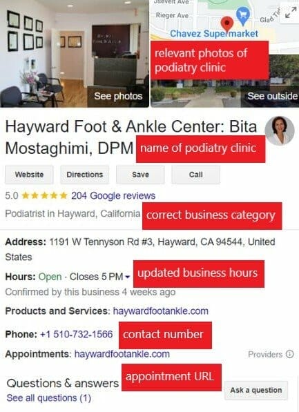 Podiatry clinic with essential details on their Business Profile