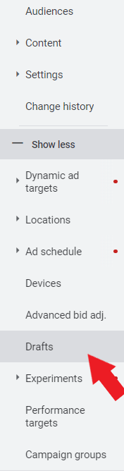 Google Ads dashboard drafts section
