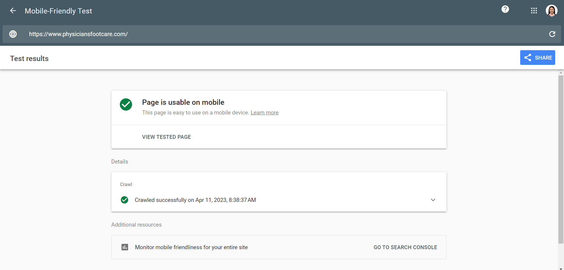 Podiatry website mobile-friendly test result