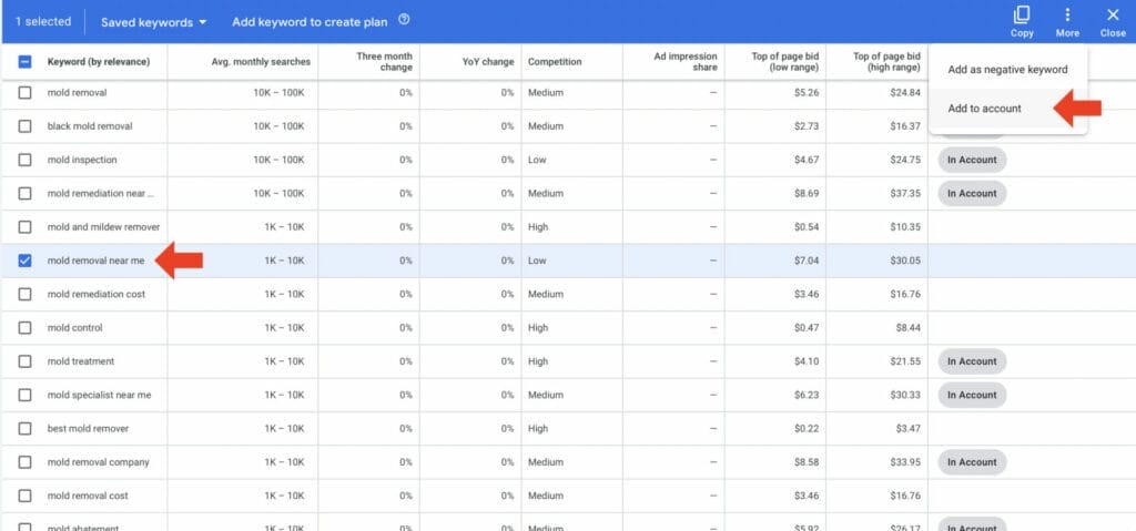 adding keywords from keyword planner to mold removal business campaign