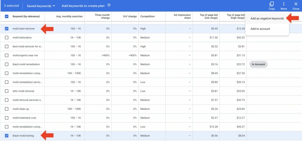 adding negative keywords to mold removal business campaign using keyword planner