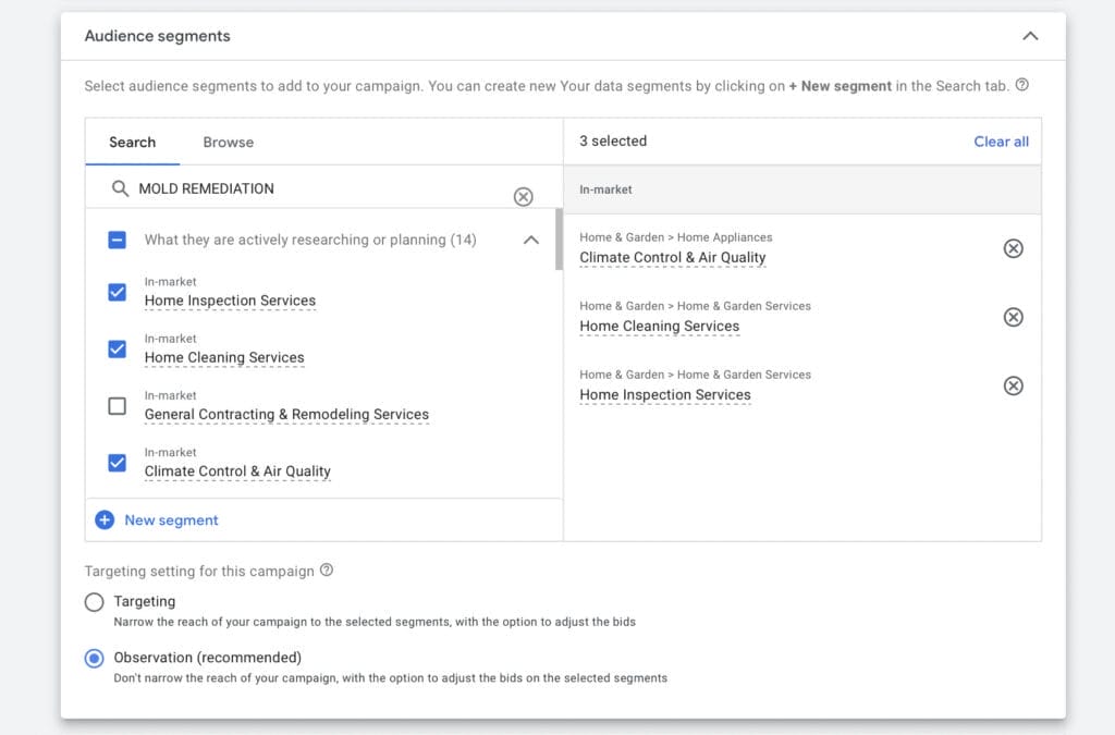 audience segment settings for mold remediation campaign