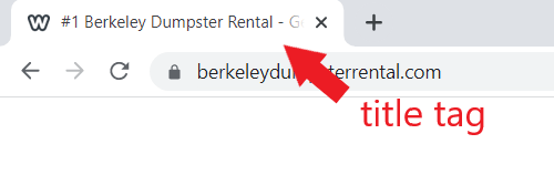Dumpster rental website title tag on a browser tab
