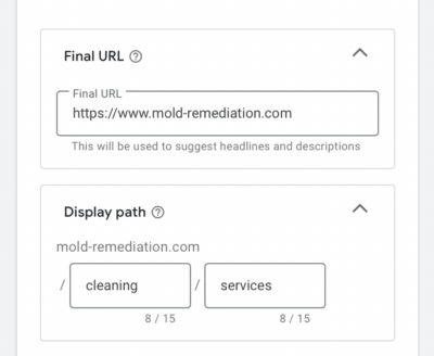 final url and display path for mold removal business campaign