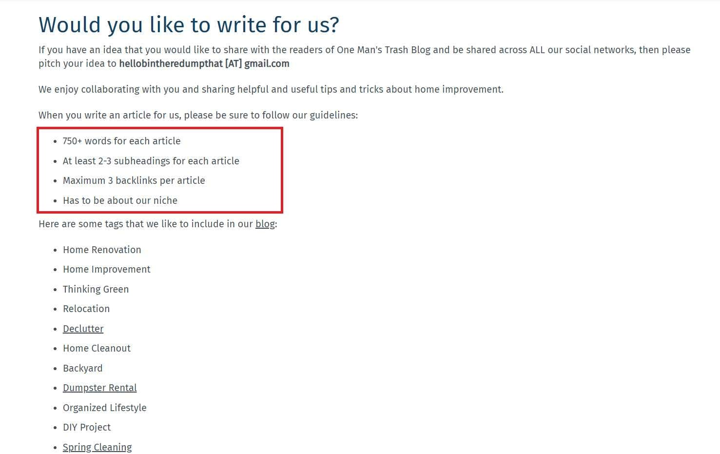 Dumpster rental guest post guidelines