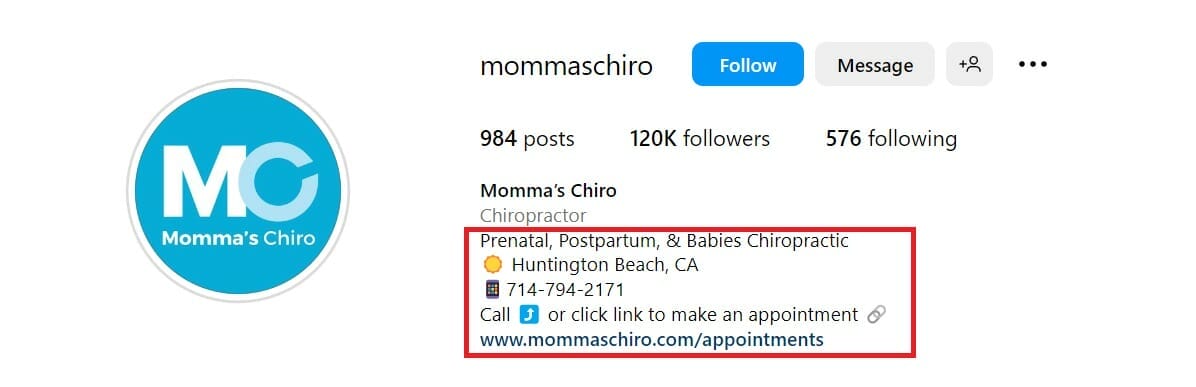 Chiropractor clinic Instagram bio