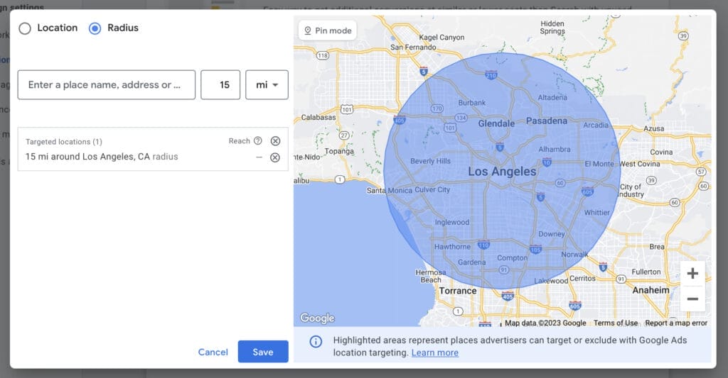 location settings for LA using 15 mile radius