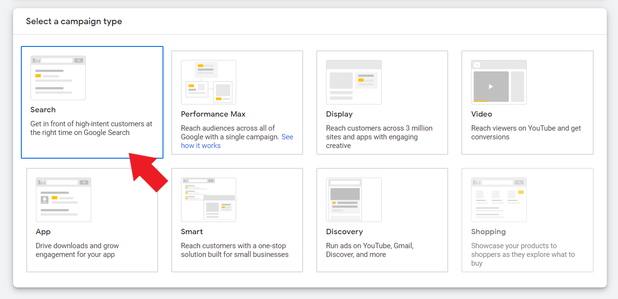 Select Search as the campaign type