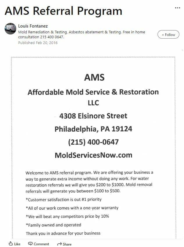 Mold remediation referral program on LinkedIn