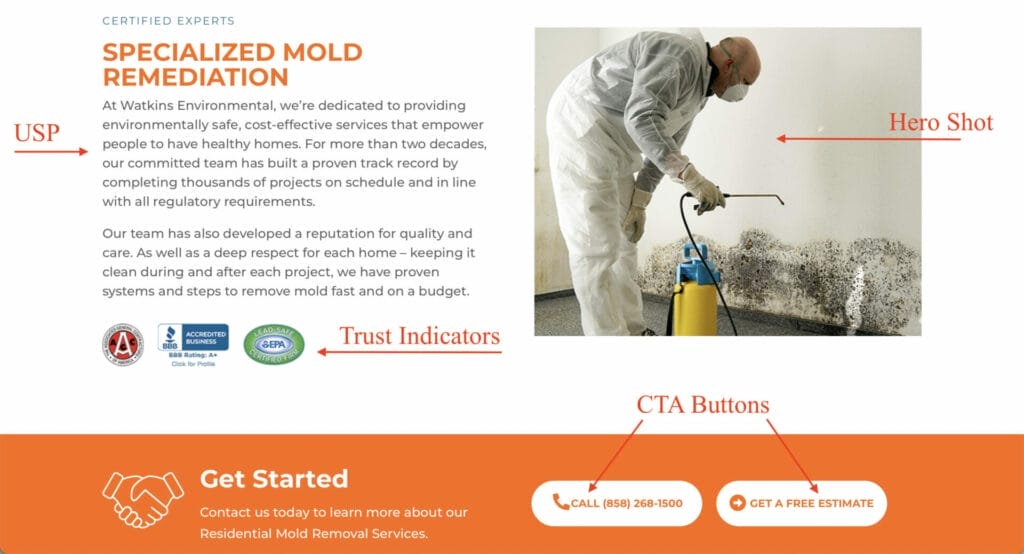 mold removal service example using supporting copy and hero shot