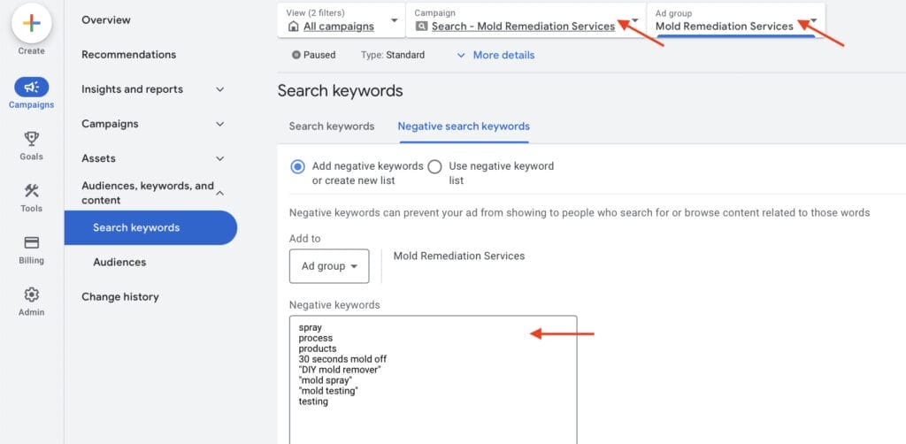 negative keywords for mold removal business campaign