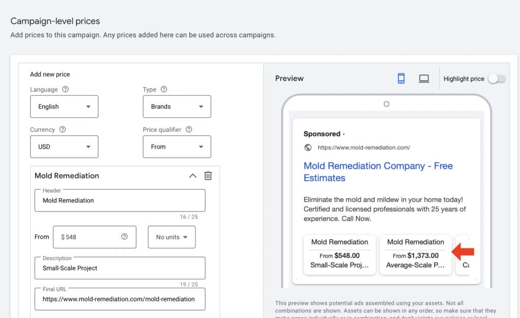 price assets for mold remediation ppc campaign