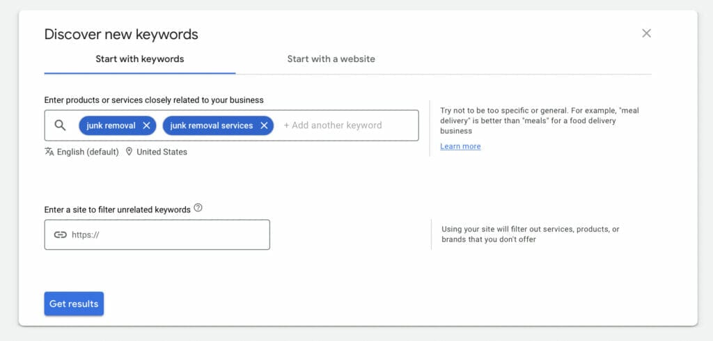 adding keywords from keyword planner to junk removal ppc campaign