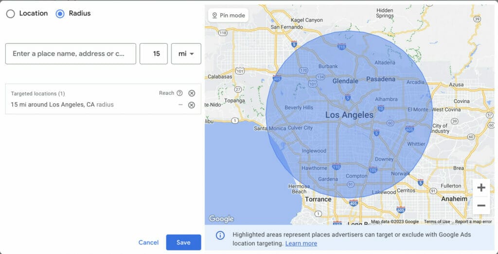 LA location settings using 15 mile radius