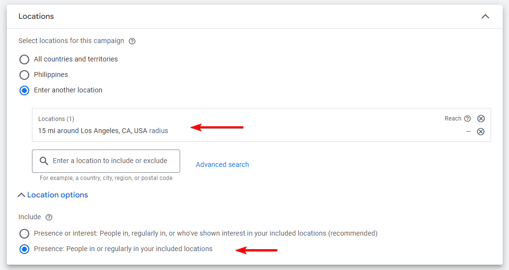 location settings for los angeles target area