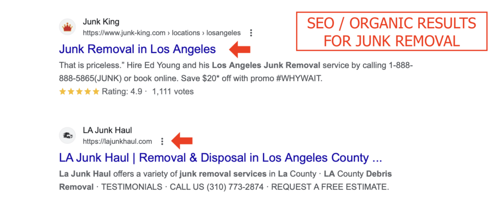 examples of seo or non-payed results on serp for junk removal business