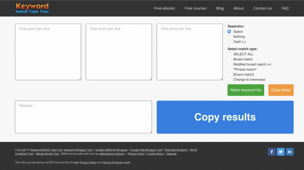 keyword match type tool for optimisation